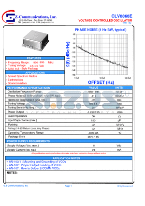 CLV0868E datasheet - LOW COST - HIGH PERFORMANCE VOLTAGE CONTROLLED OSCILLATOR