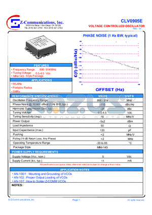 CLV0905E datasheet - LOW COST - HIGH PERFORMANCE VOLTAGE CONTROLLED OSCILLATOR