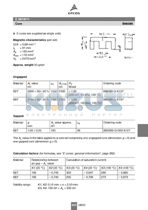 B66389 datasheet - E 36/18/11 Core