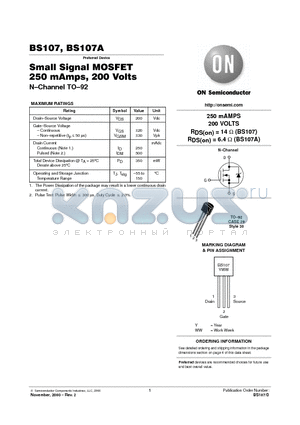 BS107ARL1 datasheet - Small Signal MOSFET 250 mAmps, 200 Volts