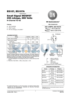 BS107ARL1G datasheet - Small Signal MOSFET 250 mAmps, 200 Volts