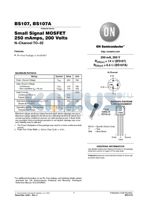 BS107ARLRP datasheet - Small Signal MOSFET 250 mAmps, 200 Volts