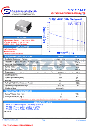 CLV1310A-LF datasheet - VOLTAGE CONTROLLED OSCILLATOR