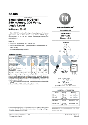 BS108ZL1 datasheet - Small Signal MOSFET 250 mAmps, 200 Volts, Logic Level