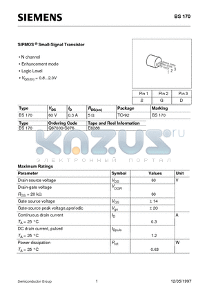 BS170 datasheet - SIPMOS Small-Signal Transistor (N channel Enhancement mode Logic Level)