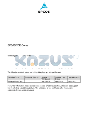 B66414-B6008-T2 datasheet - EFD/EV/DE Cores