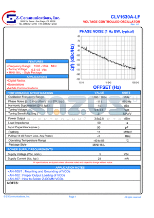 CLV1630A-LF datasheet - VOLTAGE CONTROLLED OSCILLATOR