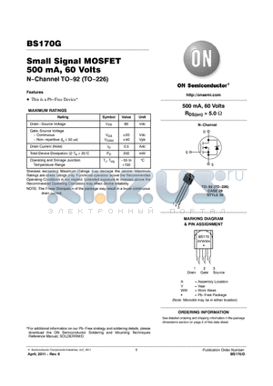 BS170RLRAG datasheet - Small Signal MOSFET 500 mA, 60 Volts