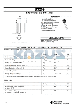 BS209 datasheet - DMOS Transistors (P-Channel)