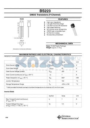 BS223 datasheet - DMOS Transistors (P-Channel)