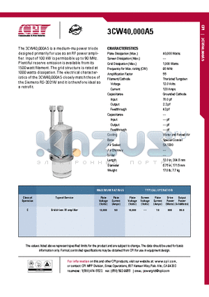 3CW40000A5 datasheet - The 3CW40,000A5 is a medium-mu power triode