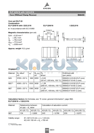 B66455-G-X149 datasheet - ELP 22/6/16 with I 22/2,5/16 Core (Without Clamp Recess)