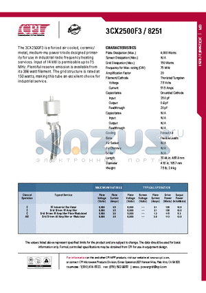 3CX2500F3 datasheet - RF Industrial Oscillator