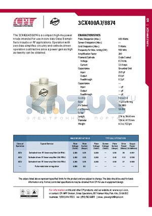 3CX400A7 datasheet - Cathode driven RF linear amplifier