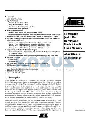 AT49SN6416T-70CI datasheet - 64-megabit (4M x 16) Burst/Page Mode 1.8-volt Flash Memory