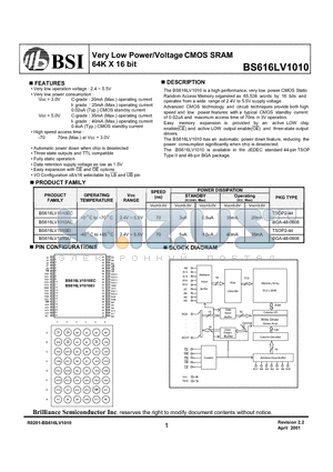 BS616LV1010EI datasheet - Very Low Power/Voltage CMOS SRAM 64K X 16 bit