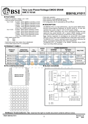 BS616LV1011EI datasheet - Very Low Power/Voltage CMOS SRAM 64K X 16 bit