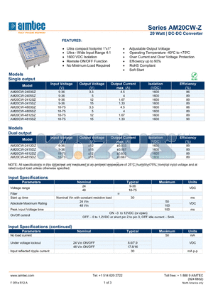 AM20CW-4805SZ datasheet - 20 Watt | DC-DC Converter