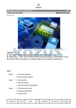 B69812N1897K320 datasheet - Microwave Ceramics and Modules 2-Pole Filter for DECT