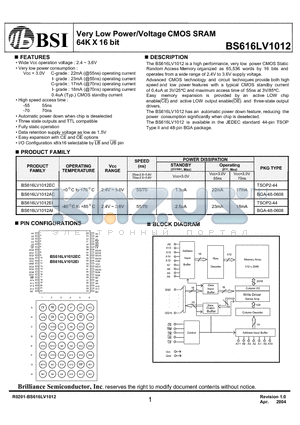 BS616LV1012EIG70 datasheet - Very Low Power/Voltage CMOS SRAM