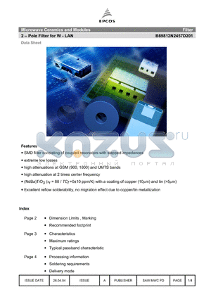 B69812N2457D201 datasheet - 2 - Pole Filter for W - LAN