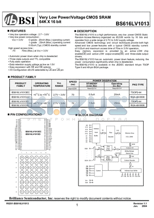 BS616LV1013AIP70 datasheet - Very Low Power/Voltage CMOS SRAM 64K X 16 bit