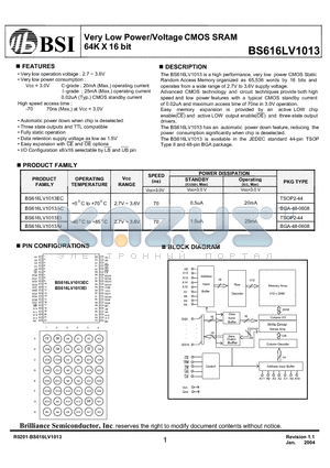 BS616LV1013EI-70 datasheet - Very Low Power/Voltage CMOS SRAM 64K X 16 bit