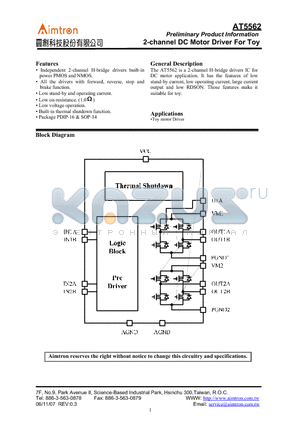 AT5562SGRE datasheet - 2-channel DC Motor Driver For Toy
