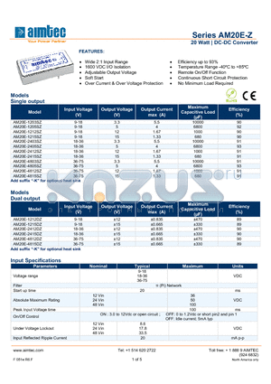 AM20E-Z_13 datasheet - 20 Watt | DC-DC Converter