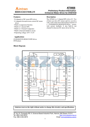 AT5668H datasheet - 5-Channel Motor Driver for DVD/VCD