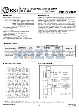 BS616LV1615FCG55 datasheet - Very Low Power/Voltage CMOS SRAM 1M X 16 bit