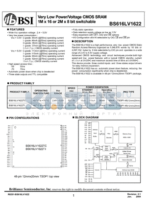 BS616LV1622 datasheet - Very Low Power/Voltage CMOS SRAM 1M x 16 or 2M x 8 bit switchable