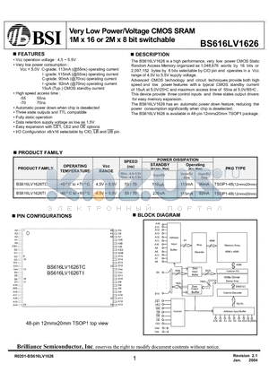 BS616LV1622TIP70 datasheet - Very Low Power/Voltage CMOS SRAM 1M x 16 or 2M x 8 bit switchable