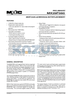 29F080-12 datasheet - 8M-BIT [1024K x 8] CMOS EQUAL SECTOR FLASH MEMORY