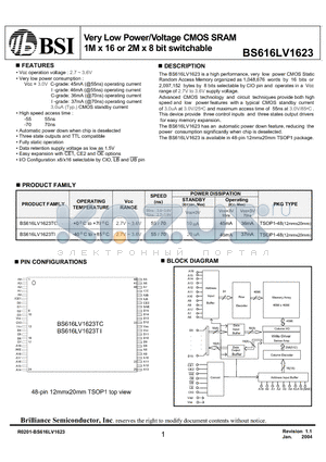 BS616LV1623TCP55 datasheet - Very Low Power/Voltage CMOS SRAM 1M x 16 or 2M x 8 bit switchable