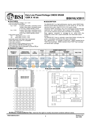 BS616LV2011AC datasheet - Very Low Power/Voltage CMOS SRAM 128K X 16 bit