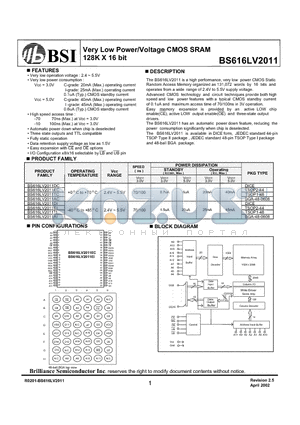 BS616LV2011DC datasheet - Very Low Power/Voltage CMOS SRAM 128K X 16 bit