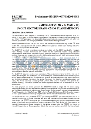29F400T-12TI datasheet - 4MEGABIT (512K x 8/ 256K x 16) 5VOLT SECTOR ERASE CMOS FLASH MEMORY