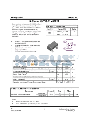 AM2392N datasheet - N-Channel 150V (D-S) MOSFET