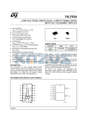 74LVX20 datasheet - LOW VOLTAGE CMOS DUAL 4-INPUT NAND GATE WITH 5V TOLERANT INPUTS