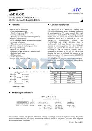 AM24LC02TS8A datasheet - 2-Wire Serial 2K-bits (256 x 8) CMOS Electrically Erasable PROM