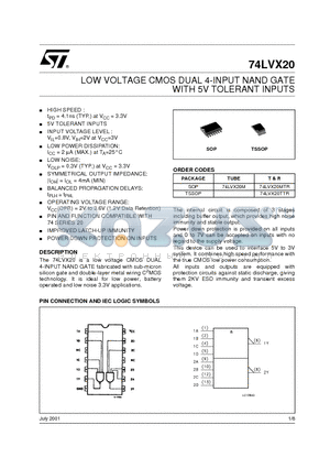 74LVX20MTR datasheet - LOW VOLTAGE CMOS DUAL 4-INPUT NAND GATE WITH 5V TOLERANT INPUTS