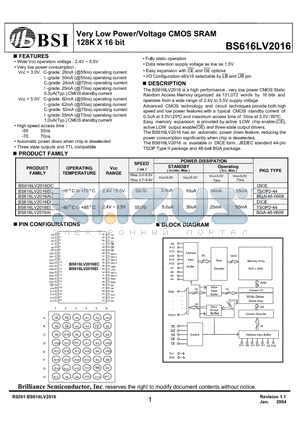 BS616LV2016EIG70 datasheet - Very Low Power/Voltage CMOS SRAM 128K X 16 bit