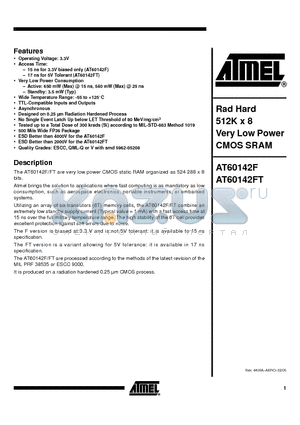 AT60142FT datasheet - Rad Hard 512K x 8 Very Low Power CMOS SRAM