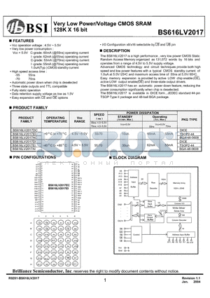 BS616LV2017EIG70 datasheet - Very Low Power/Voltage CMOS SRAM 128K X 16 bit