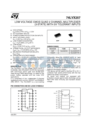74LVX257MTR datasheet - LOW VOLTAGE CMOS QUAD 2 CHANNEL MULTIPLEXER (3-STATE) WITH 5V TOLERANT INPUTS