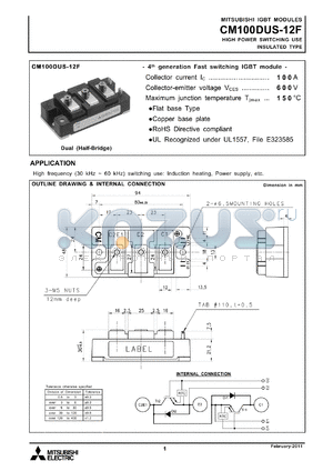 CM100DUS-12F_11 datasheet - HIGH POWER SWITCHING USE INSULATED TYPE