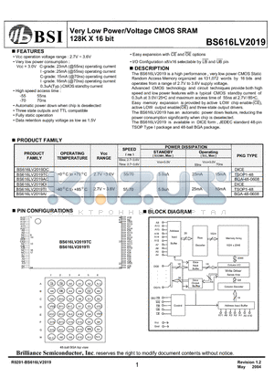 BS616LV2019AC-55 datasheet - Very Low Power/Voltage CMOS SRAM 128K X 16 bit