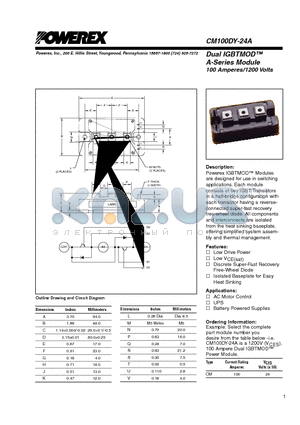 CM100DY-24A datasheet - Dual IGBTMOD A-Series Module 100 Amperes/1200 Volts