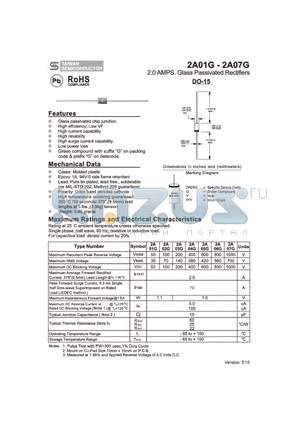 2A02G datasheet - 2.0 AMPS. Glass Passivated Rectifiers